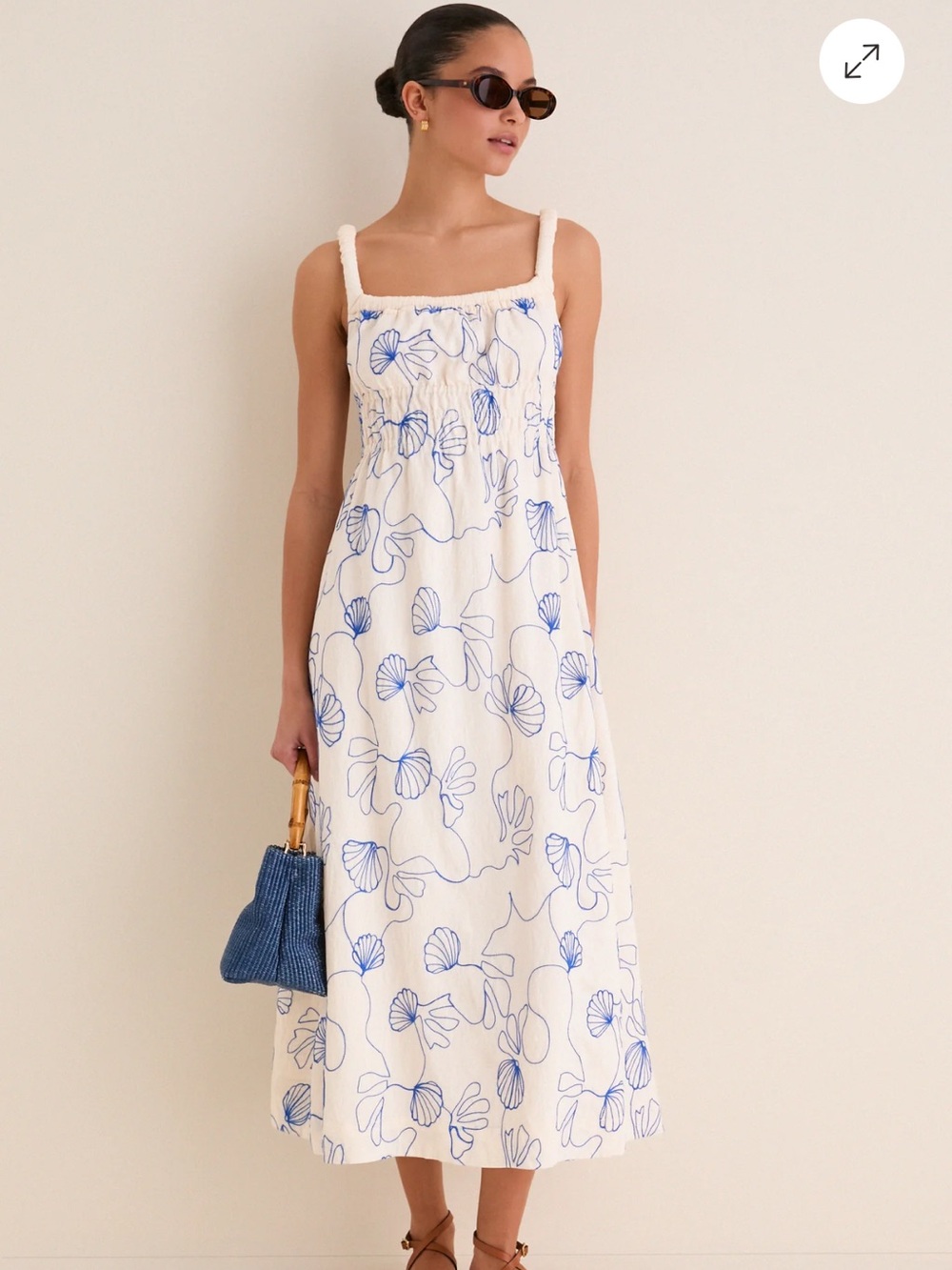 Tuckernuck Cream Maxi Dress with Blue Floral Line Print